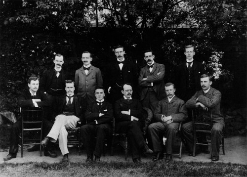 Figure 1. J.J. Thomson with his graduate students in 1897. Front row from left: E.B.H. Wade, G.B. Bryan, W. Craig-Henderson, J.J. Thomson, J.S. Townsend, E. Rutherford. Back row from left: S.W. Richardson, C.T.R. Wilson, J. Henry, J. McClelland, L. Blaikie.