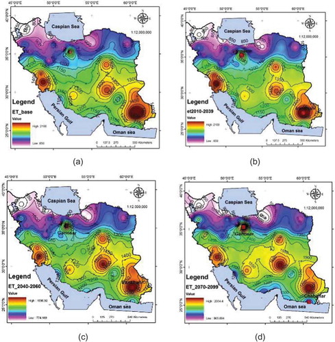 Figure 11. Maps of potential evapotranspiration values in the base and future time periods under scenario A2. (a) Base period; scenario A2 for (b) 2010–2039, (c) 2040–2069, (d) 2070–2099.