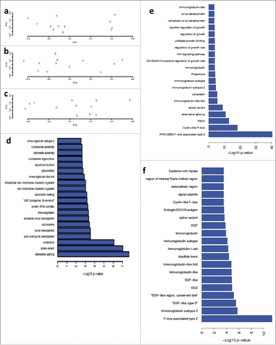 Figure 5. Effect of Nicotine on Gene Expression analysis of N2, vab-1 and SD551 mutants of C. elegans. Panels a-c: Principle Components Analysis plots of the first 3 PCAs. The letter designates the genotype of the strain (v = vab-1, s = SD551, n = N2) and the color designates nicotine exposure (blue = 500 x nicotine, red – 0 x nicotine). Panels d-f: -log10 p-value (fisher’s exact test) for enrichment of pathways and process in differentially expressed genes. Panel d shows nicotine alone, Panel e show the interaction between nicotine and vab-1, and Panel f shows the interaction between nicotine and SD551.