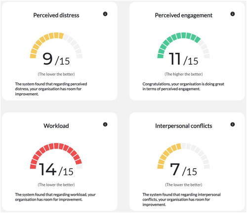 Figure 2. The psychosocial well-being tool dashboard showing examples results provided by the decision support system.