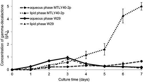 Figure 1. Accumulation of γ-decalactone in aqueous (♦) and lipid (▲) phase during growth of Yarrowia lipolytica W29 and MTLY40-2p strains in Erlenmeyer flasks.