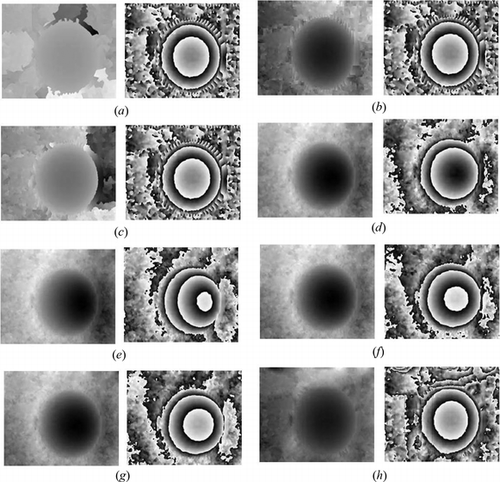 Figure 8 Comparison accuracy for the studied phase unwrapping algorithms FTP measured phase data; in each sub-figure, the left-hand side figure shows unwrapped phase map where phase increases with increasing of brightness, and the right-hand side figure shows rewrapped phase map. (a) Goldstein et al. method, (b) Flynn method, (c) Quality-Sort method, (d) LS-DCT method, (e) SSPU method, (f) RC method, (g) RC + DC method, and (h) LC method.