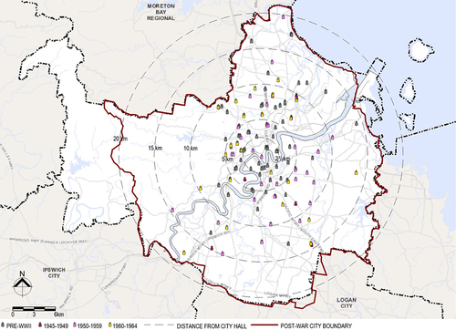 Figure 3. Mapping of Brisbane’s Catholic church buildings opened during the tenure of Archbishop James Duhig (Daunt, 2020, with base image sourced from BCC City plan 2014 pd online mapping, accessed July 20, 2018; church building locations from “Queensland dataset”).