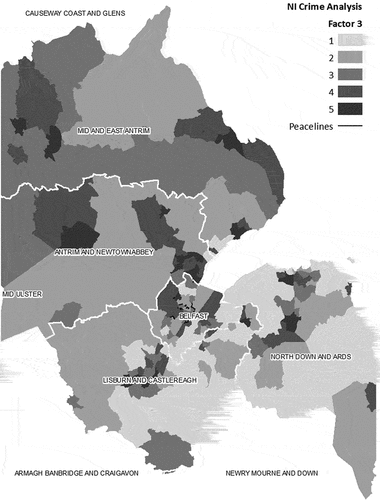 Figure 4. Spatial distribution of Factor 3 in the Belfast metropolitan area.