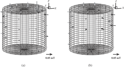 Figure 3. Induced magnetic fields for upward pumping with a rotation rate of 1200 rpm. (a) Transversal applied field with B0x=7.09 mT. (b) Axial applied field with B0z=8.07 mT. The vector direction indicates the measured component. The gray scale of the arrows depends on the y-coordinate of the measuring points, i.e., on the distance to the eye. The grid points are the discretization points for the solution of the boundary integral equation (5) for ϕ.