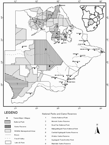 Figure 2: Conservation areas of Botswana (national parks, game reserves and WMAs)
