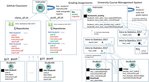 Fig. 2 Grading assignments with GitHub Classroom vs. a University CMS. With GitHub Classroom (left side), students all finish the assignment with the same directory structure (bottom left). Students use the git push command to upload each piece of their assignment to the GitHub Classroom organization. The instructor then uses our shell script to download all assignments to their local computer, with one command. Because each assignment retains the same directory structure, the instructor can run student code which relies on reading in pieces of data. The instructor then pushes graded assignments with one command back to the GitHub Classroom organization. Using a university CMS, students first have to individually upload each part of the assignment that will be used for grading. Instructors then download each of the uploaded files, and lose all directory structures from students’ assignments. After (potentially) running student code and grading, instructors then have to individually upload each graded file back to the CMS.