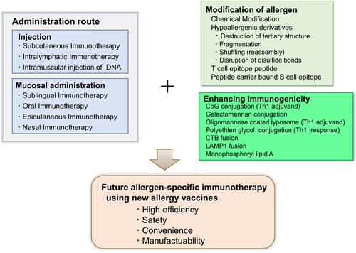 Figure 1 Strategy for development of next-generation allergy vaccines. Next-generation allergen-specific immunotherapy for typeI allergies, including JC pollinosis, that exhibits high efficiency, improved safety, and patient convenience, has to be developed through modification of allergens and use of suitable adjuvants. The administration route also has to be taken into account.