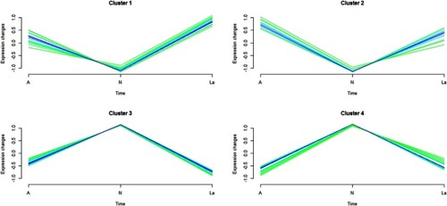 Figure 3 C-means clustering analysis of 87 significantly changed proteins common across N vs A and N vs La.