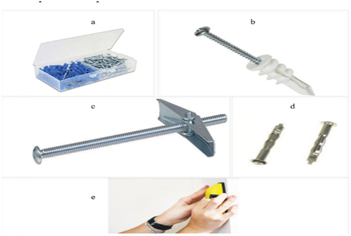 Figure 9. (a): ribbed plastic anchor, (b): self-drilling anchor, (c): toggle bolts, (d): molly bolts and (e): marking the place of studs.