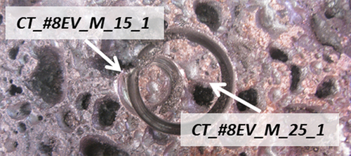 Figure 13. View of VF-U3 block after core boring with ⊘15 mm (CT_#8EV_M_15_1) and ⊘25 mm (CT_#8EV_M_25_1) tools.