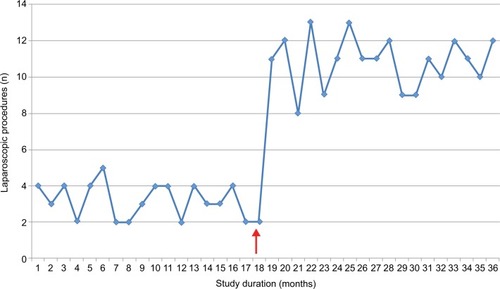 Figure 1 A graph showing the number of unselected laparoscopic procedures during the study period on a monthly basis.