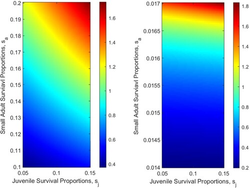 Figure 6. The influence of survival proportions on ℜ0 for the one patch model. (a) ℜ0(sj,sa): Assuming that sl and sb are fixed, where sl=0.555 and sb=0.74. (b) ℜ0(sj,sb): Assuming that sl and sa are fixed, where sl=0.555 and sa=0.7863.