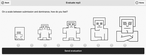 Figure 4. Mobile application screenshot showing a questionnaire about emotion-related music evaluation with SAM scales