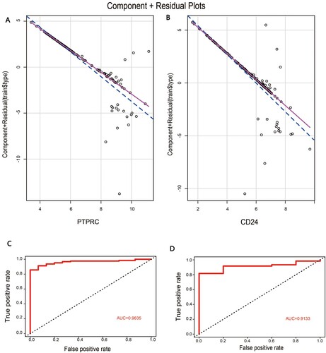 Figure 5. The construction of logistic regression model: (A) Component plus residual plot of PTPRC in the model. (B) Component plus residual plot of CD24 in the model. (C) The ROC curve of predicted outcomes of GSE6477 by logistic regression model. (D) The ROC curve of predicted outcomes of GSE16558 by logistic regression model.