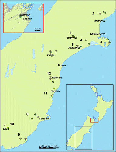 Figure 1  Locations of the sheep/beef farms sampled in the current study. Cluster locations: 1, Marlborough; 2, Amberley; 3, Banks Peninsula; 5, Methven; 7, Fairlie; 8, Outram; 9, Owaka; 10, Gore; 11, Oamaru; 12, Waimate. With the exception of cluster 12, each cluster consists of an organic, IM and CM farm. Cluster 12 also includes a farm undergoing organic conversion at the time of the survey. ARGOS clusters 4 (Leeston) and 6 (Ashburton) were not include in the weed study.