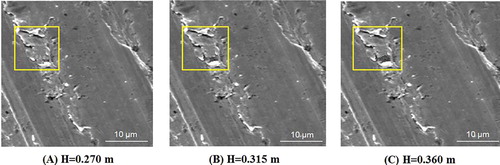 Figure 12. SEM views along the ploughshank section at a constant tillage speed 5 km/h and different tilling depths.