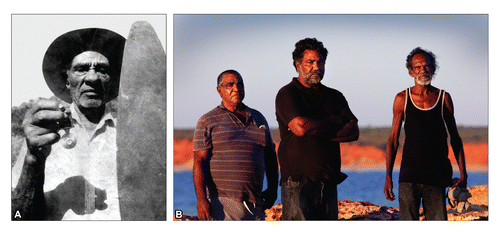 FIGURE 3. Goolarabooloo Traditional Custodians and Maja (Law Bosses) for Jabirrjabirr, Ngumbarl, and Djugun countries, and the Northern Tradition of the Song Cycle and the dinosaur tracks of the Broome Sandstone. A, The late Paddy Roe, also known as Lulu, who was chosen to be Maja for this area by Walmadany, the last great Jabirrjabirr Maja, sometime in the mid-20th century. Paddy Roe is shown here with the Order of Australia Medal that was awarded to him in 1990. The original caption to the photo says, “This is my Gulbinna [shield]. The government gave me this medal. This Gulbinna is asking the medal, you going to break up this country or keep it the same since Bugarre Garre [Dreamtime]” (source unknown). B, Paddy Roe's grandsons, who continued as Goolarabooloo Maja after his death in 2001. From left to right: Phillip Roe, the late Joseph Roe, and Richard Hunter. Photograph courtesy and copyright Damian Kelly, 2012.