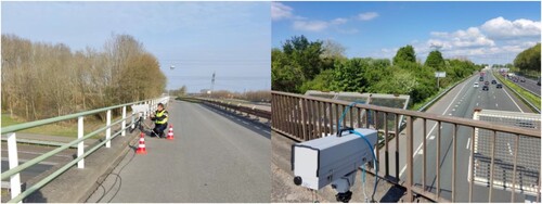 Figure 1. (left) A patrol officer setting up the MONOcam camera on a highway overpass. (right) MONOcam looking out over a highway overpass at incoming cars.