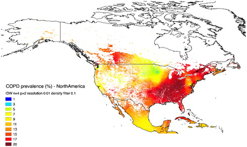 Figure 2. IDW interpolation map of COPD prevalence in North America. There is a high prevalence in the Southeast and Southwest regions of Canada, in the Great Lakes region, and in the lower Missouri, Ohio and Mississippi basins; the remaining regions, including Mexico, show intermediate prevalence, except for the sparsely populated areas of the Canadian and Alaska tundra, the southwestern United States and Northern Mexico desert.