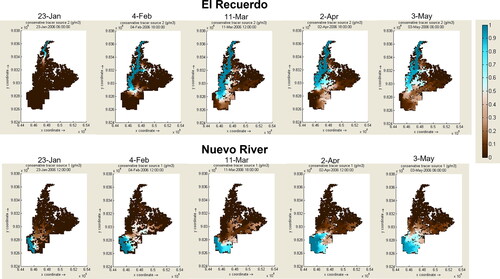 Figure 20. Conservative TRACERS transport at the two main inflows of AdM. Upper panel: El Recuerdo inflow; Lowe panel: Nuevo River inflow. One snapshot per month (Snapshots only for wet season).