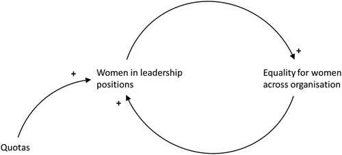 Figure 1. Underpinning assumption behind gender quotas as a strategy to achieve gender equality.Note, a positive symbol (+) reflects that as one variable increases, the related variable also increases, creating a reinforcing relationship.