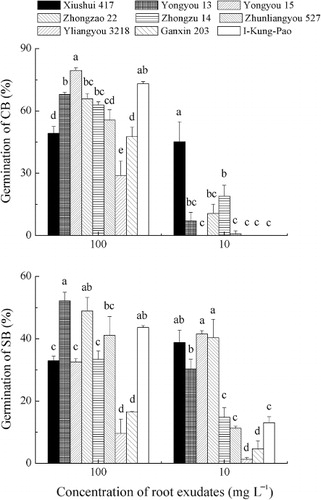 Figure 4. Effects of rice root exudates on CB (top) and SB (bottom) germination. Figure plots means ± SD from three replicate experiments. Different letters represent means that are significantly different at P < 0.05 at a given concentration (ANOVA with Tukey HSD test). Abbreviations: CB, clover broomrape; SB, sunflower broomrape.