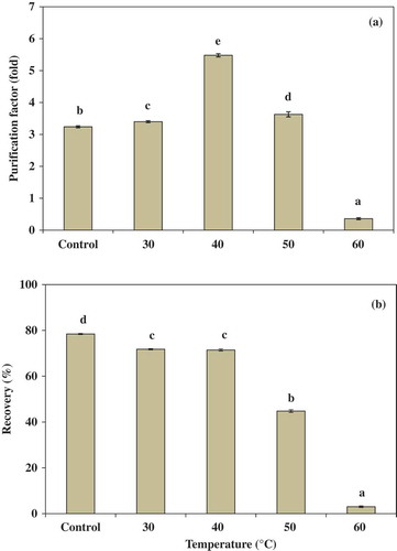 Figure 1. Effect of temperature on the purification factor (a) and the recovery (b) of trypsin partitioning in 15% PEG4000–15% NaH2PO4. Bars represented the standard deviation from triplicate determinations. Different letters within the same parameter indicate the significant differences (P < 0.05).