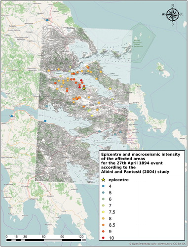 Figure 4. Plot of the epicentre (star) and the macroseismic intensities (dots) related to the 27 April 1894 event according to the study by Albini and Pantosti (Citation2004). General-Karte des KönigreichsGriechenland © British Library Board.