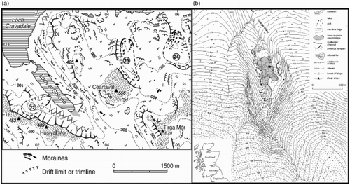 Figure 2. Examples of geomorphological maps used in the database (a) the area around Ceartaval, Northern Harris (reprinted from Quaternary Science Reviews, 26(25–28) CitationBallantyne (2007) LLS glaciers in North Harris, Outer Hebrides, North-West Scotland: glacier reconstruction and palaeoclimatic implications., 3134–3149, Copyright (2007) with permission from Elsevier. (b) The Bizzle Cirque, Cheviot Hills (Reprinted from Geografiska Annaler, Series A, 88(3) CitationHarrison, Anderson, and Patel (2006). The eastern margin of glaciation in the British Isles during the Younger Dryas: The Bizzle Cirque, southern Scotland., 199–207, Copyright (2006) with permission from Elsevier.