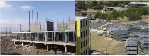 Figure 5. Left panel: Combination of LSF system with shear wall in a 7-story school. Right panel: panelization in LSF buildings (Yu Citation2016).