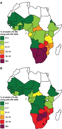 Figure 4 Sub-Saharan African distribution of HIV prevalence. Percent of adults (15–49 years) living with HIV in (A) 2003 and (B) 2005.