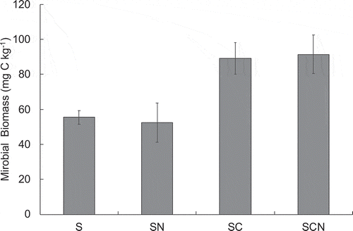 Figure 3. Microbial biomass in each treatment. S, soil only (control); SN, soil with mineral N; SC, soil with glucose; SCN, soil with glucose plus mineral N. Bars indicate the standard error of the mean (n = 3).