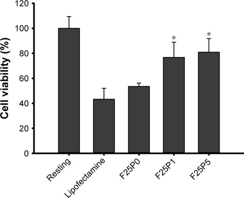 Figure 5 Cell viability assay of CT26 cells treated with plasmid/stPEI/HSA NPs noncovalently bound to various amounts of plasmid and siRNA.Note: *P<0.05, compared to Lipofectamine.Abbreviations: HSA, human serum albumin; NPs, nanoparticles; stPEI, stearyl polyethylenimine.