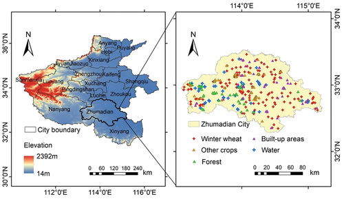 Figure 1. The study area and locations of the 334 samples in the city of Zhumadian.