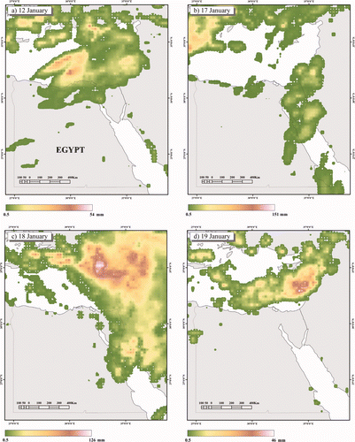 Figure 5. Daily isohyetal maps of Egypt during 12, 17, 18 and 19 January 2010.