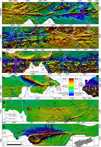 Figure 2. Aeromagnetic context of the West Coast part of the Alpine Fault from southwest (inset A) to northeast (inset F). The images from the West Coast Geophysical Survey show total magnetic intensity residual anomalies, reduced to pole, blended with a northwest illumination. Note, same colour scale applies to different anomaly ranges for each survey block. Labelled features are described in Table 2. Alpine Fault trace (red) extracted from Heron (Citation2014), warm springs (unfilled pink crosses) from Heron (Citation2014) and Land Information New Zealand.