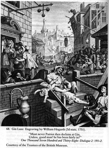 The classic depiction of a city without alcohol availability constraints: Hogarth Gin Lane 1751 engraving. © the Trustees of the British Museum. CC-BY-NC-ND.