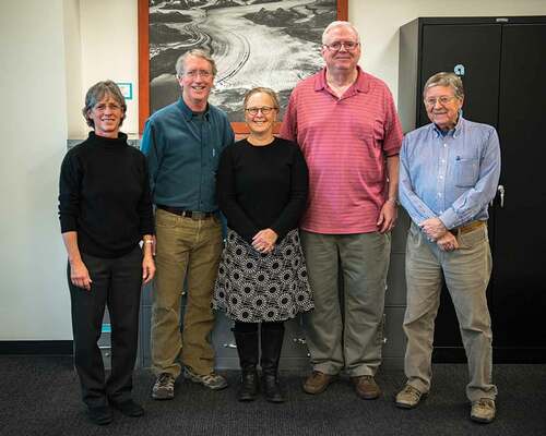 Figure 2. The editorial staff of Arctic, Antarctic, and Alpine Research on the occasion of Larry Bowlds’ retirement after 13 years as Managing Editor. From left to right, Editors Anne Jennings and Bill Bowman, journal assistant Jen Hall-Bowman, Larry Bowlds, and Book Review Editor Wes LeMasurier. (INSTAAR, December 2017)