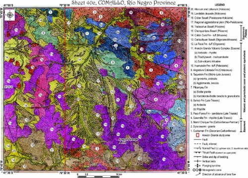 Figure 3. Scanned image of the original handmade geologic map of the Anecón Grande area. Since references were not included on the original map, a legend has been added. The map is shown unaltered from the original paper version.