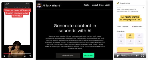 Figure 4. AI Task Wizard’s simplistic website, centre, with one of several advertisements that ran on TikTok, left. Source: (TikTok Ad Library <https://library.tiktok.com/ads/detail/?ad_id=1758267600437297> accessed 4 September 2023) Right: an advert for Friday: AI Essay Writer. Source: (TikTok Ad Library <https://library.tiktok.com/ads/detail/?ad_id=1768865302800401> accessed 4 September 2023).