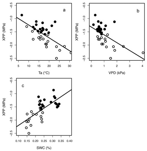 FIGURE 5. Relationships between (a) the xylem pressure potential (XPP) and air temperature (Ta ); (b) XPP and vapor pressure deficit (VPD); and (c) XPP and soil water content (SWC) at the wind-exposed site (Display full size) and the wind-protected site (Display full size). Regression lines (bold line: pooled; dashed line: the wind-exposed site; and solid line: the wind-protected site) are shown where the effect of the independent variables was significant (P < 0.05) in the GLM analysis.