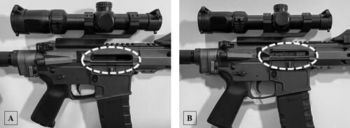 Figure 5. Detail of an AR-15 pattern firearm ejection port (breech) with the dust cover open. Panel A: bolt carrier group in the open position. Panel B: bolt carrier group in the closed and locked position, AKA “in battery.”