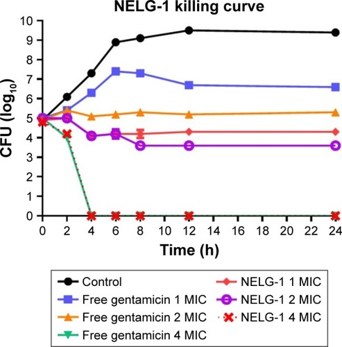 Figure 8 Killing curve of bacterial strain Klebsiella oxytoca 700324 exposed to 1, 2, and 4 mg/L of NELG-1 and free gentamicin.Abbreviations: CFU, colony forming unit; MIC, minimum inhibitory concentration; NELG-1, dipalmitoyl-sn-glycero-3-phosphocholine, 1,2-dimyristoyl-sn-glycero-3-phospho-(1′-rac-glycerol), and cholesterol (2:3:1).