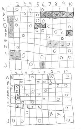 Figure 6. Perspective of a participant playing the paper version of Battleships, the lower board is the participant’s board and the upper is their opponent’s board.