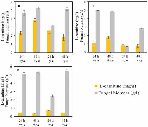 Figure 3. The effect of yeast extract presence and absence on fungal biomass concentration and yield of L-carnitine during cultivation of (a) A. oryzae, (b) R. oryzae, (c) and N. intermedia