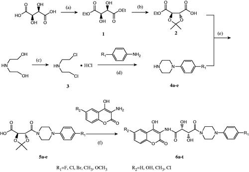 Scheme 1. Synthesis of compounds 6a–t. Reagents and conditions: (a) SOCl2, EtOH, rt, 12 h. (b) CH3C(OCH3)2CH3, p-TsOH, benzene, 80 °C; dioxine, H2O, NaOH. (c) SOCl2, CHCl3, 40–50 °C, 4 h. (d) xylol, p-TsOH, 145 °C. (e) DCC, HOBt, DMAP, CH2Cl2. (f) DCC, HOBt, DMAP, CH2Cl2;50%CF3COOH, 35 °C.