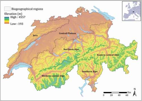 Figure 1. Location and elevation of Switzerland and its six biogeographical regions