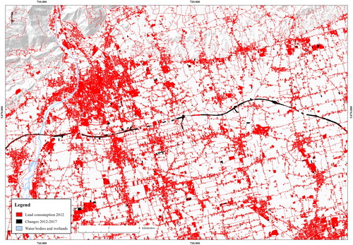 Figure 3. A detail of the 2012 land consumption map and example of changes occurred between 2012 and 2017.