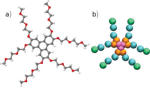 Figure 1. (Colour online) (a) Molecular structure of the chromonic liquid crystal, TP6EO2M. (b) Coarse-grained mapping used in this work, showing four bead types: CC – pink, CO – orange, AI – blue, AO – green.